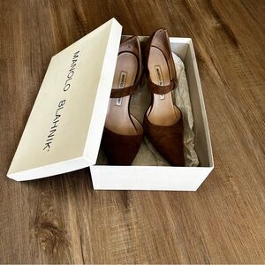 Manolo Blahnik tan suede Mary Jane pointed size six quiet luxury elevated basics